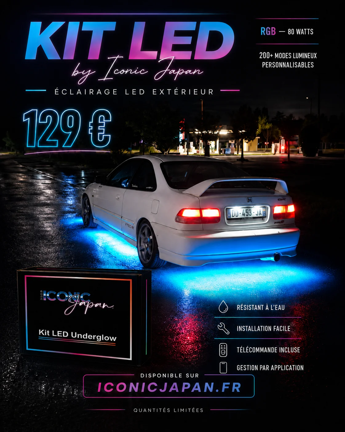 Kit LED Underglow Iconic Japan à 129 €, bannière mobile avec Honda Civic éclairée
