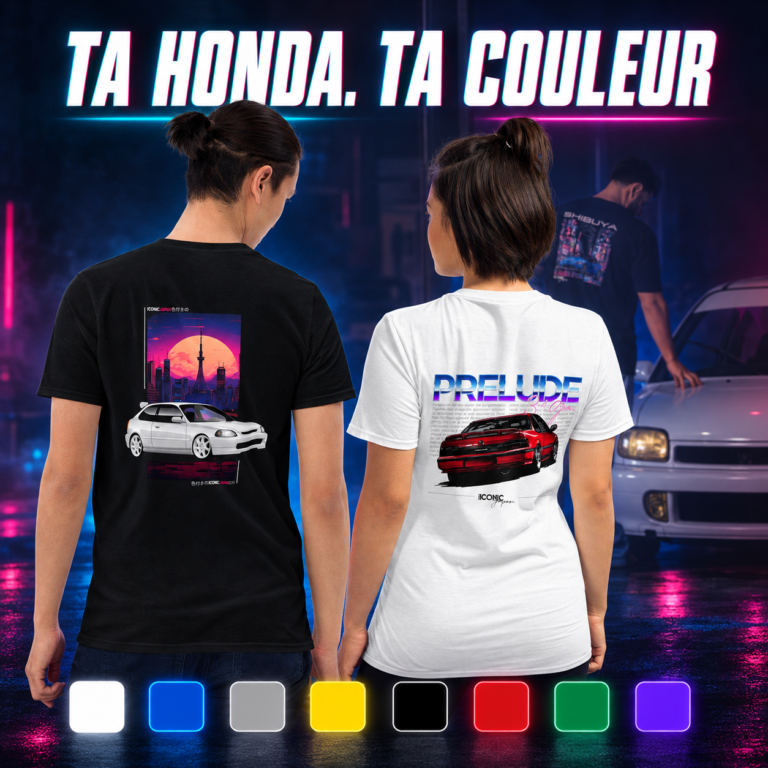 T-shirt Honda personnalisable noir ou blanc avec choix de la couleur du véhicule
