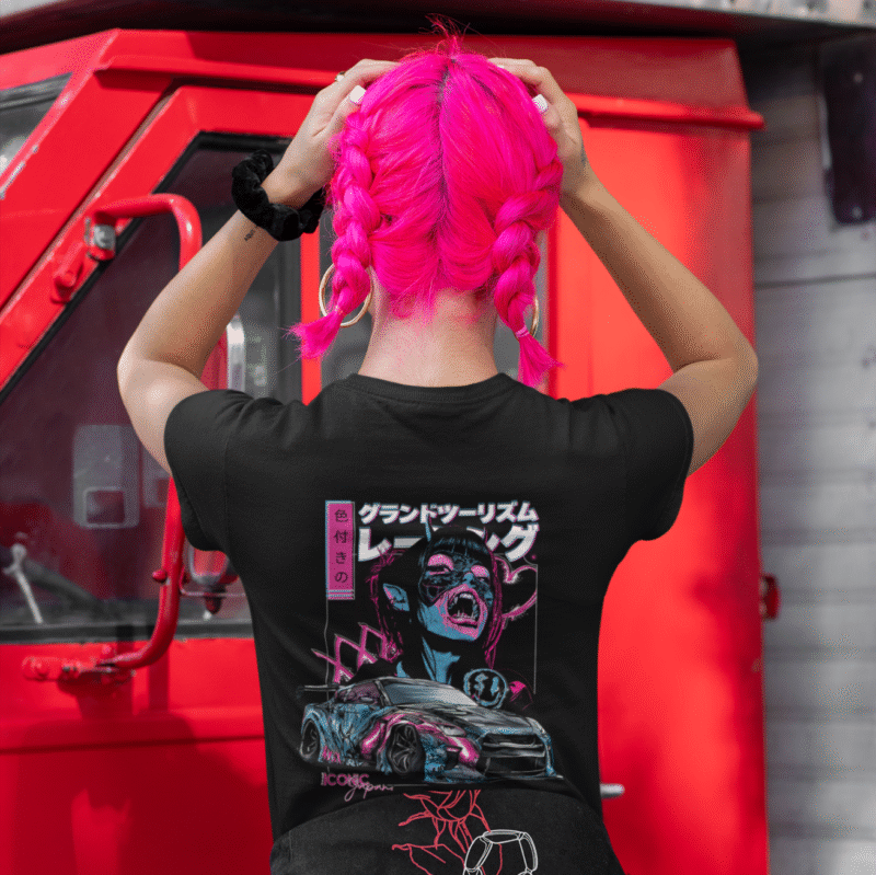 back view mockup of a woman with pink dyed hair wearing a t shirt m408 1 e1744388166565 T-shirt GTR R35 Succube version 2024